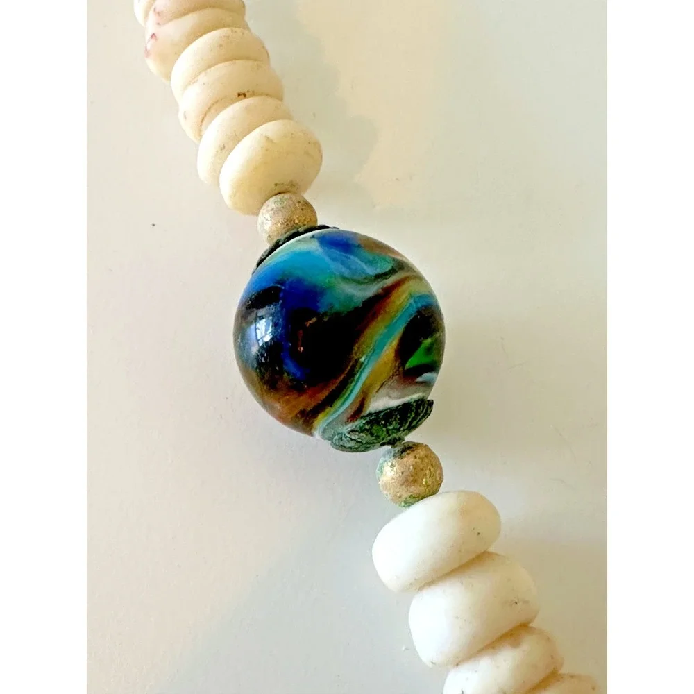 Necklace Murano Bead Swirl Multicolor‎ Off White Stones Chunky Barrel Clasp VTG